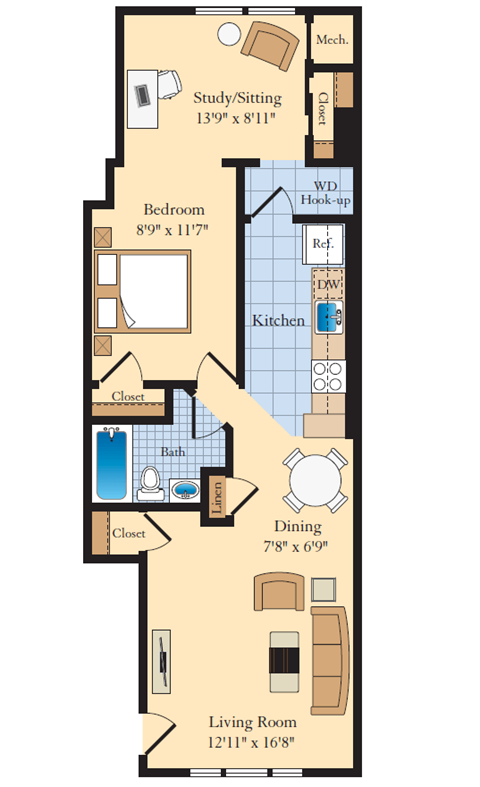 1 bed 1 bath `A2 Floor Plan at The Fields of Bethesda, Maryland